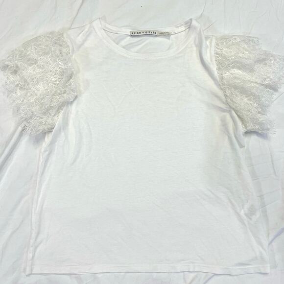 Alice & Olivia White Lace Sleeve Crop Stretchy Romantic Darcelle T-Shirt Medium - Picture 2 of 11